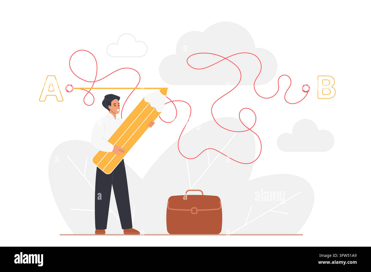 Uomo d'affari che tiene una matita gigante disegna una linea di scorciatoia da A a B, mostrando la via facile, risoluzione dei problemi, pianificazione, navigazione ed efficienza isolata su sfondo bianco illustrazione vettoriale Illustrazione Vettoriale