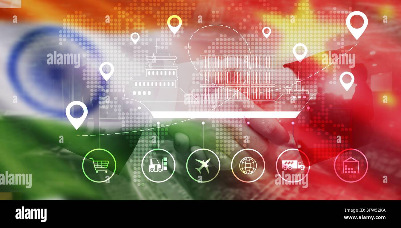 Piattaforma di gestione della catena di approvvigionamento per la logistica di spedizione e il commercio con tracciamento delle spedizioni e pianificazione dei percorsi globali Foto Stock