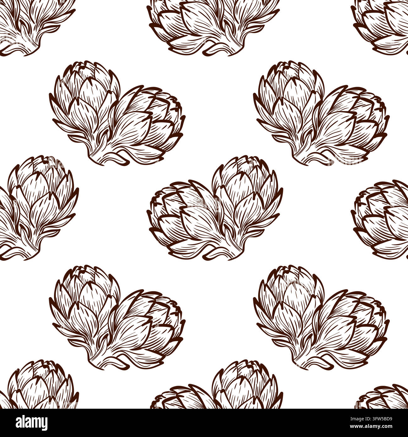 Vettore a motivi continui di carciofo con teste di fiore arrotondate ripetute, bratte sovrapposte intricate e contorni botanici fini, disposti in modo uniforme Illustrazione Vettoriale