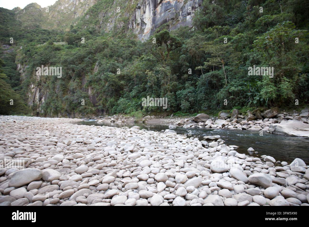 Fondo fluviale roccioso e scogliere boschive, Aguas Calientes Foto Stock