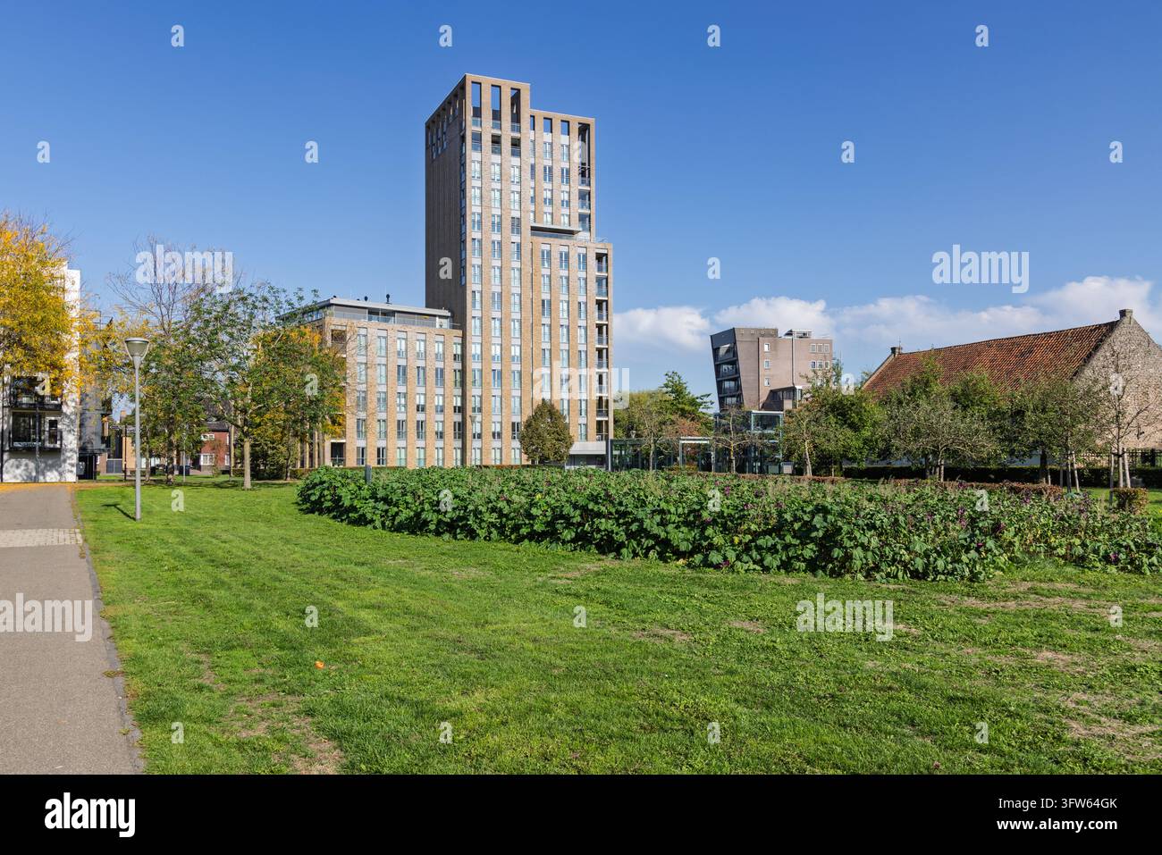 Sittard, Paesi Bassi: Architettura residenziale ad alta densità che confina con un parco verdeggiante e un sentiero pedonale in una luminosa giornata di sole. Foto Stock