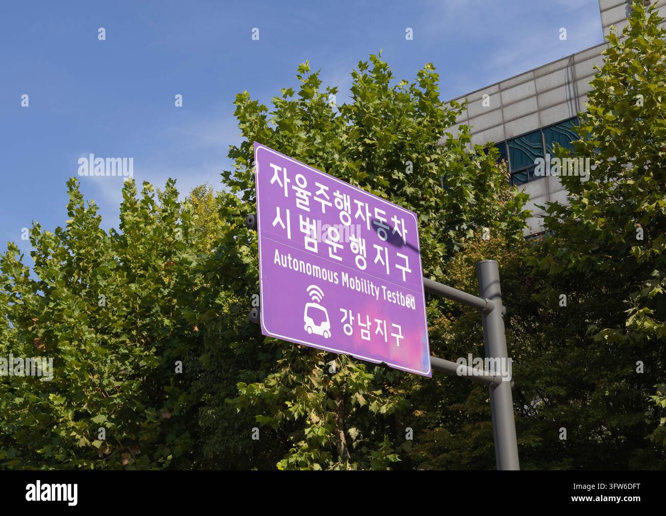 Seul, Corea del Sud – 17 ottobre 2026: Cartello viola "Autonomous Mobility Testbed" a Gangnam che segna una zona di test per veicoli autonomi Foto Stock