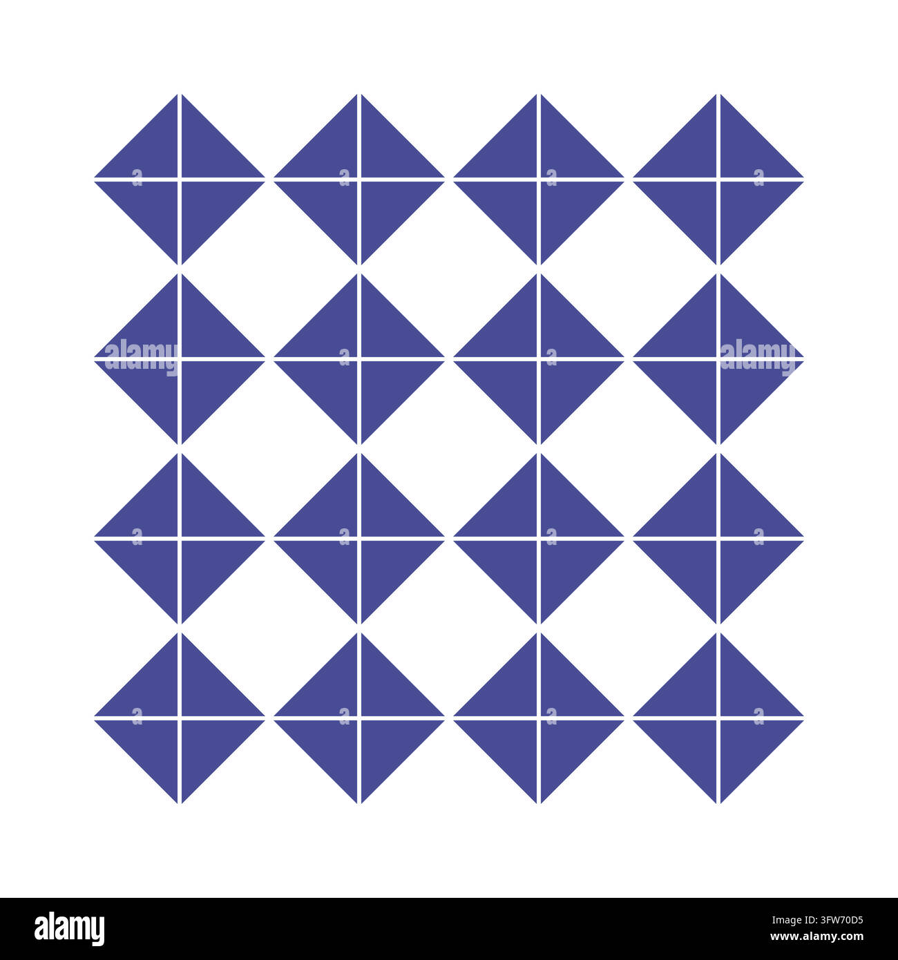 Scacchiere a triangoli mezzo quadrato indaco che formano motivi a diamante di trapunte, motivo geometrico di patchwork isolato su bianco. Illustrazione Vettoriale