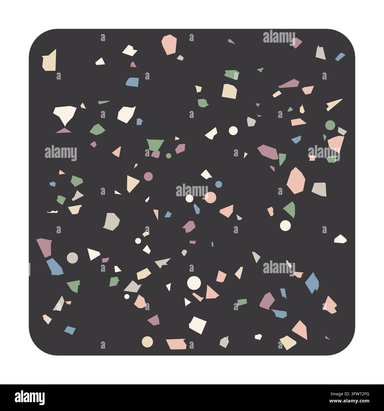 Motivo in terrazzo carbone scuro con schegge di pietra rosa pastello, crema, salvia e blu polveroso, design audace in pietra maculata isolato su bianco. Illustrazione Vettoriale