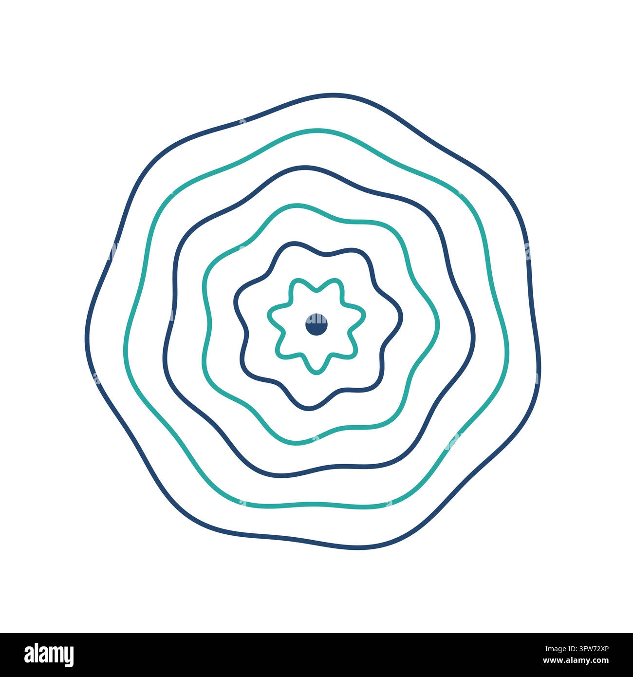 Anelli di increspature dello stagno con un punto centrale pieno in verde acqua e blu navy, un motivo di linea d'acqua calma. Illustrazione Vettoriale