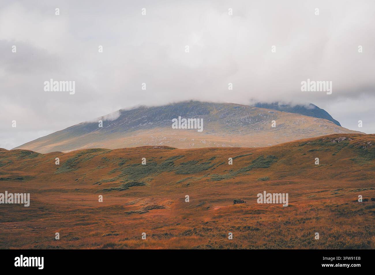 Ampia montagna con una nuvola che riposa sulla sua cima oltre una brughiera ondulata arancione e verde sotto un cielo grigio, Scozia Foto Stock
