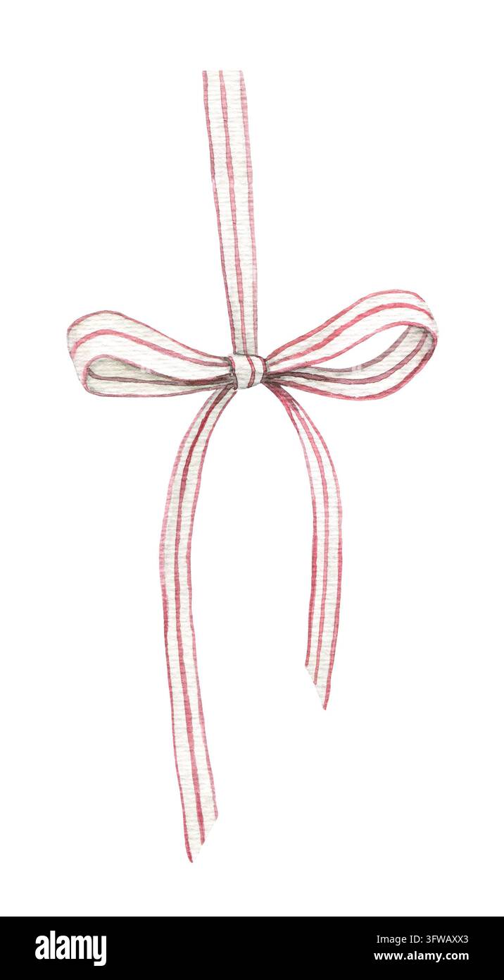 Fiocco di nastro a righe rosse e bianche in acquerello con lunghe code. Illustrazione natalizia per confezioni regalo, biglietti di auguri, inviti, decorazioni di Capodanno, sc Foto Stock