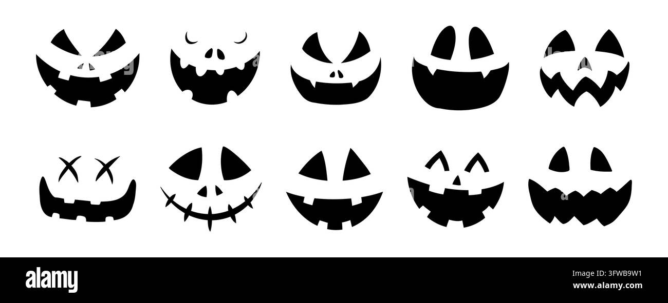 Facce spaventose di Jack o lantern in silhouette nera per la decorazione di zucca di Halloween. Illustrazione Vettoriale