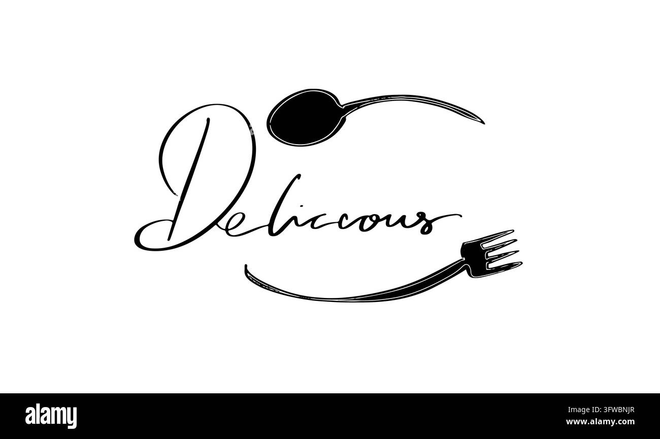 Calligrafia di testo a forma di cucchiaio delizioso scritto a mano carattere script oggetto di colore nero simbolo cucchiaio delizioso cibo dessert dolce pasto epicureo mangiatore culi Foto Stock