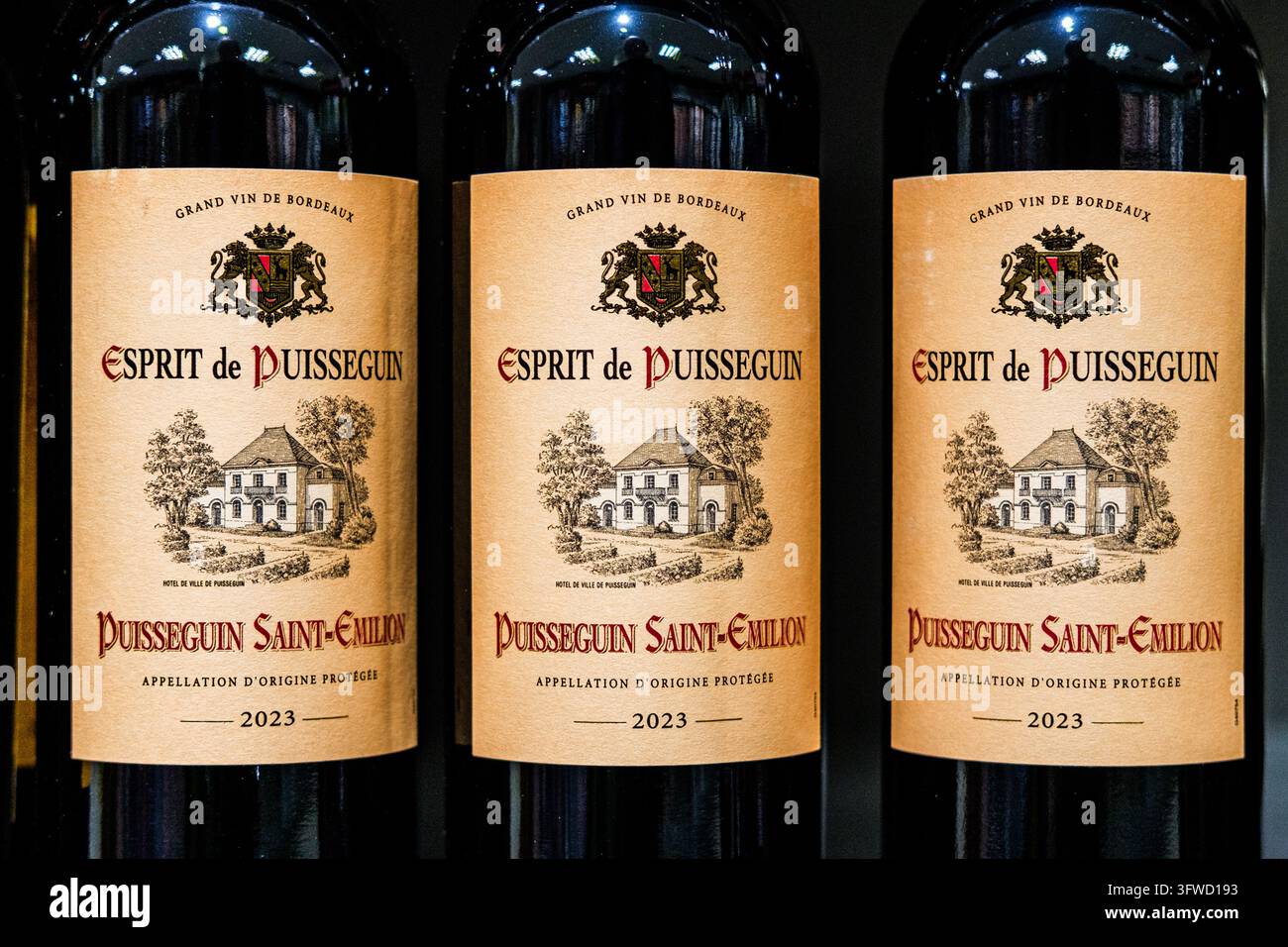 Londra, Regno Unito, 16 ottobre 2026, Primo piano di una fila di etichette di bottiglie di Esprit De Puisseguin Saint-Emilion Bordeaux rosso 2023 Foto Stock
