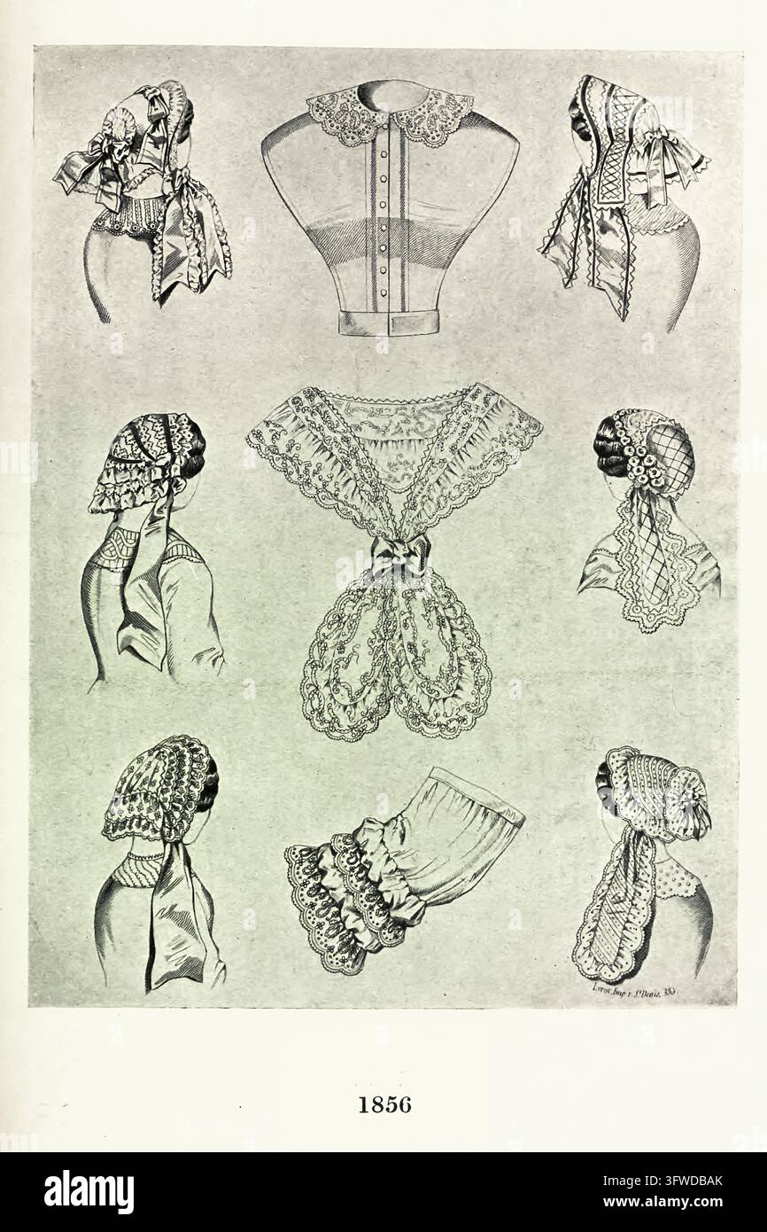 Illustrazione di moda antica che presenta vari articoli di abbigliamento femminile dell'era vittoriana tra cui cappelli, berretti, colletti e polsini, che riflettono i costumi e lo stile storici della moda femminile: Parigi - Londra, 1786-1912 di Price, Julius M. (Julius Mendes), Data di pubblicazione 1913 Foto Stock