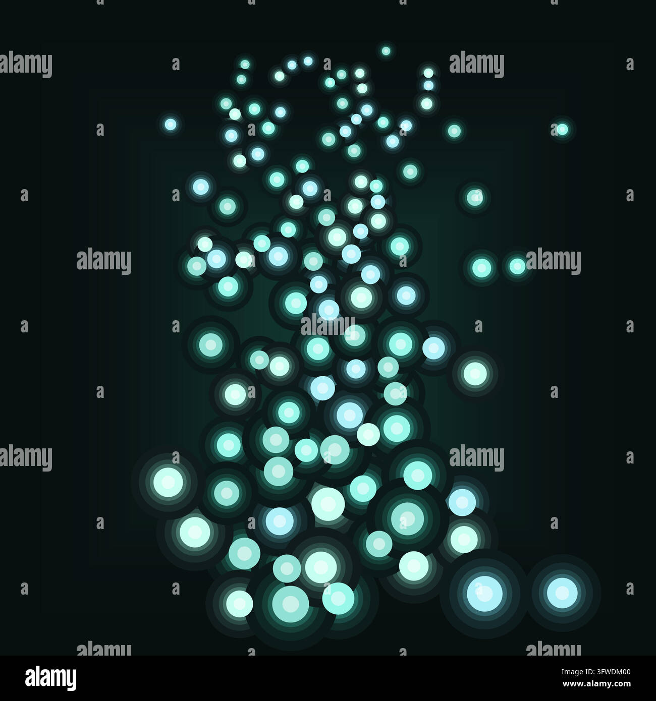 Colonna ascendente di punti bokeh turchesi luminosi che fluiscono verso l'alto su uno sfondo scuro profondo, i punti di luce diventano più piccoli Illustrazione Vettoriale