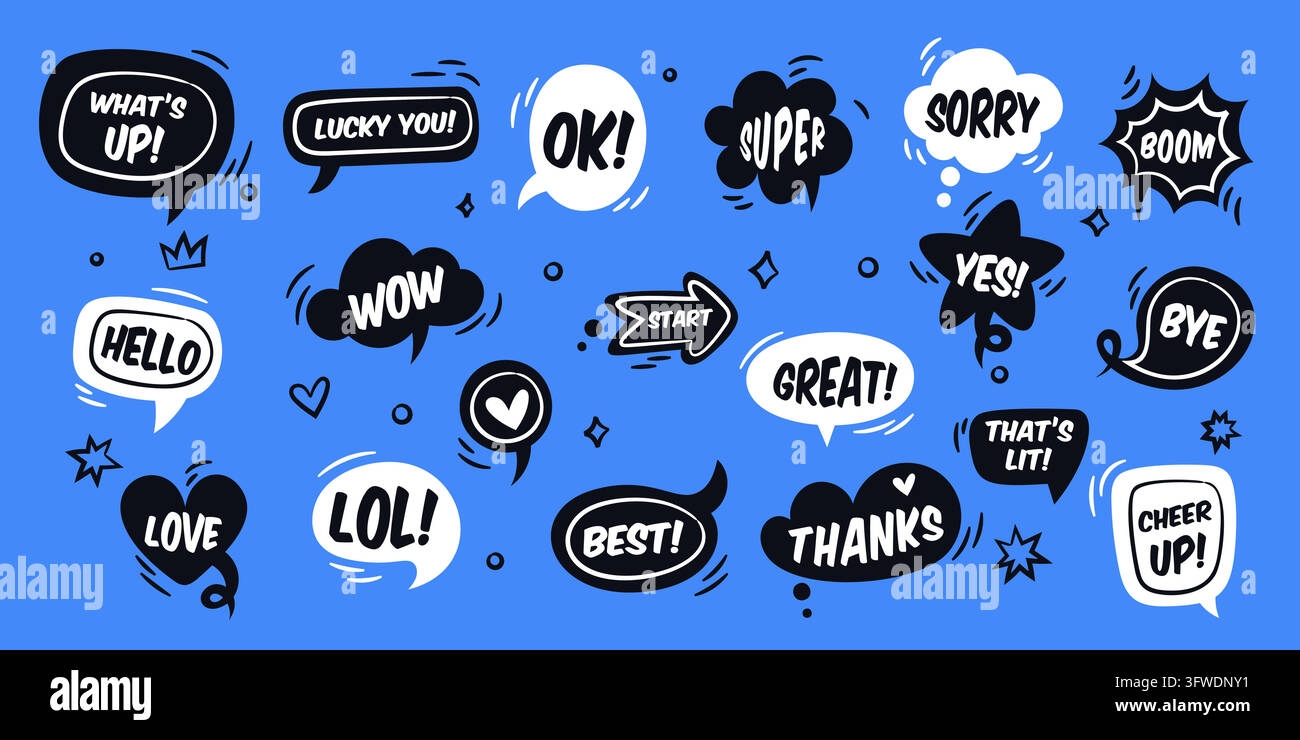 Bubbole di discorso con testo. Caselle di dialogo in stile doodle con esclamazioni, brevi frasi in stile fumetto e forme insolite. Parole esclamative. Pensiero Illustrazione Vettoriale