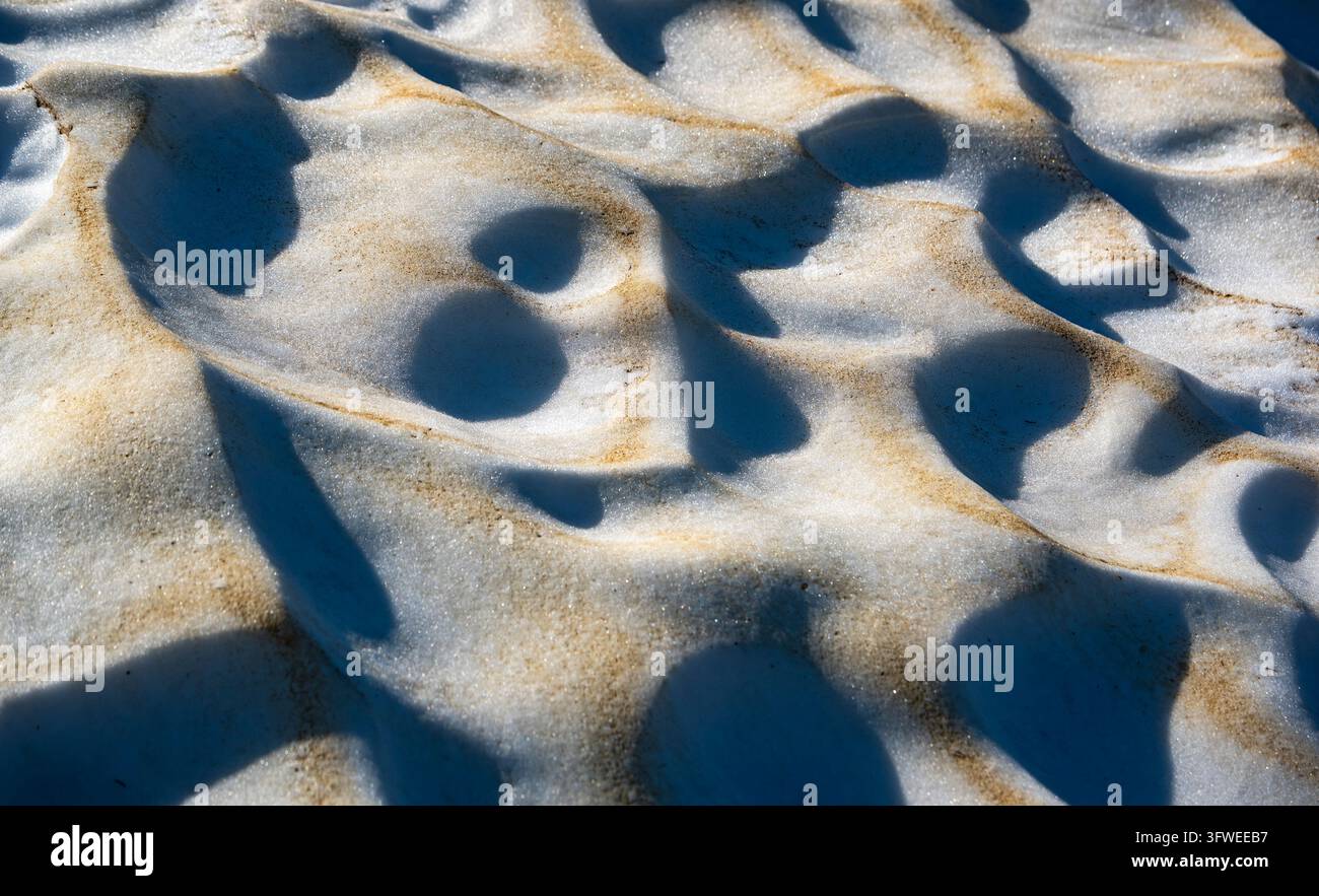 Texture astratta della superficie della neve ricoperta da polvere sahariana e polline nelle Alpi svizzere, che mostra depositi naturali primaverili, modelli di fusione e sculture Foto Stock