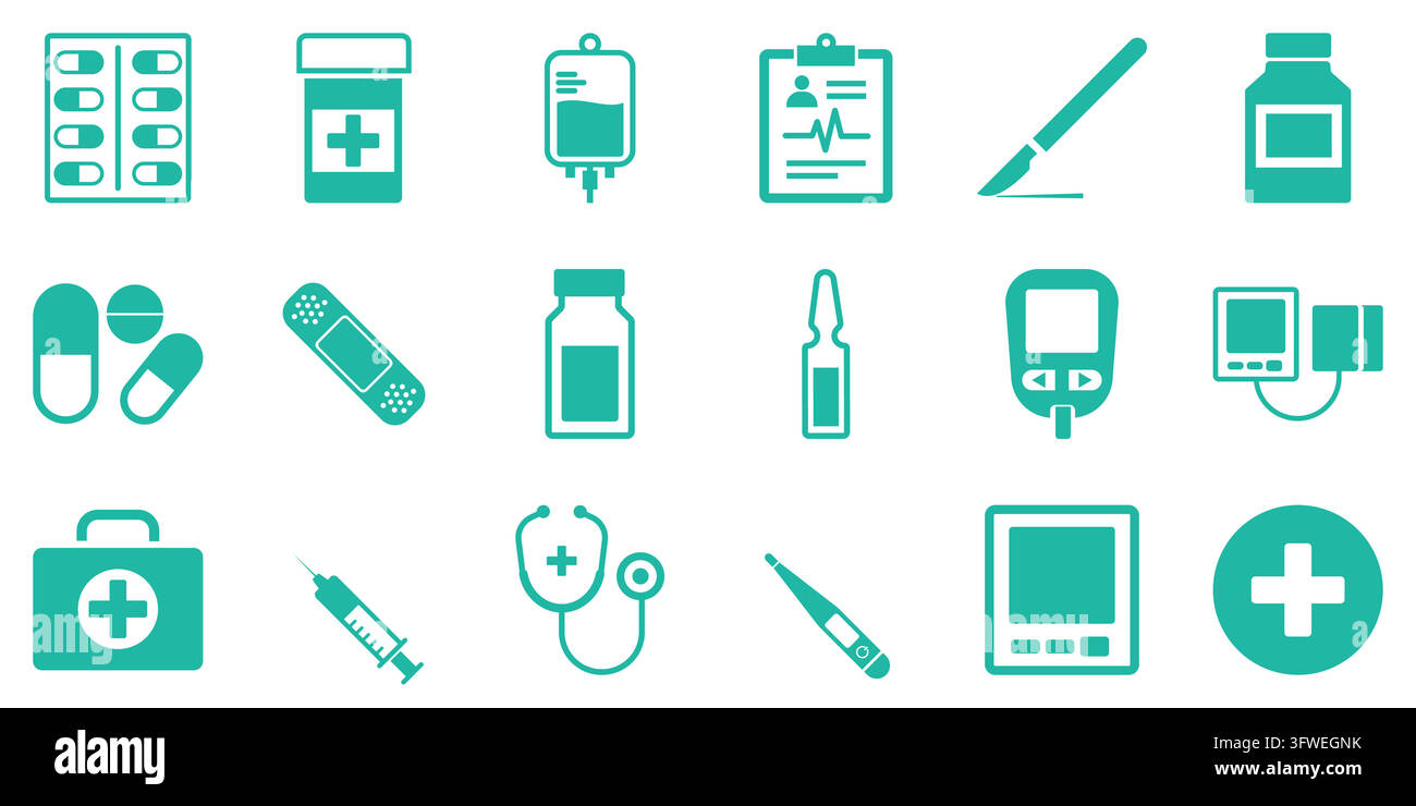 Una raccolta di varie icone mediche e di assistenza sanitaria, tra cui pillole, strumenti medici, apparecchiature diagnostiche e forniture di pronto soccorso in un design piatto Illustrazione Vettoriale