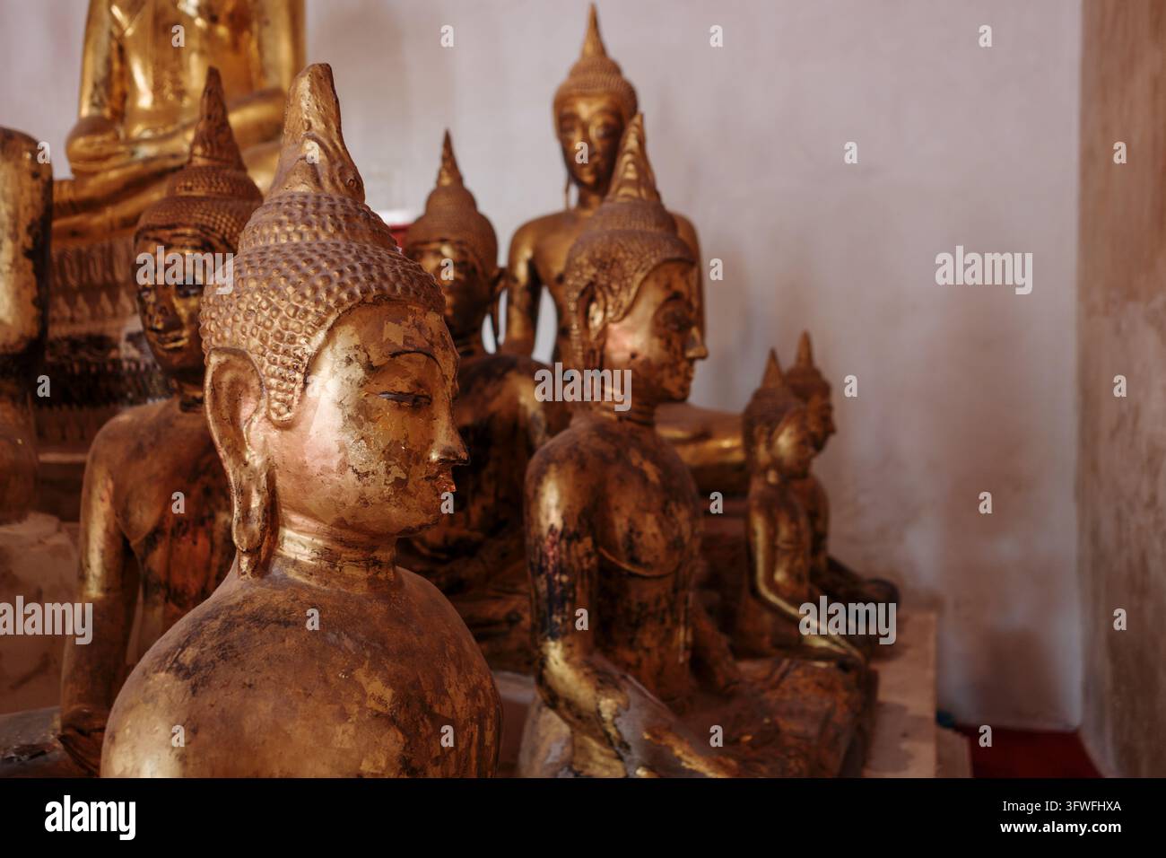 Prima media distanza in luce soffusa di diverse antiche statue di Buddha dorate con patine consumate sedute in meditazione all'interno di un tempio. Foto Stock
