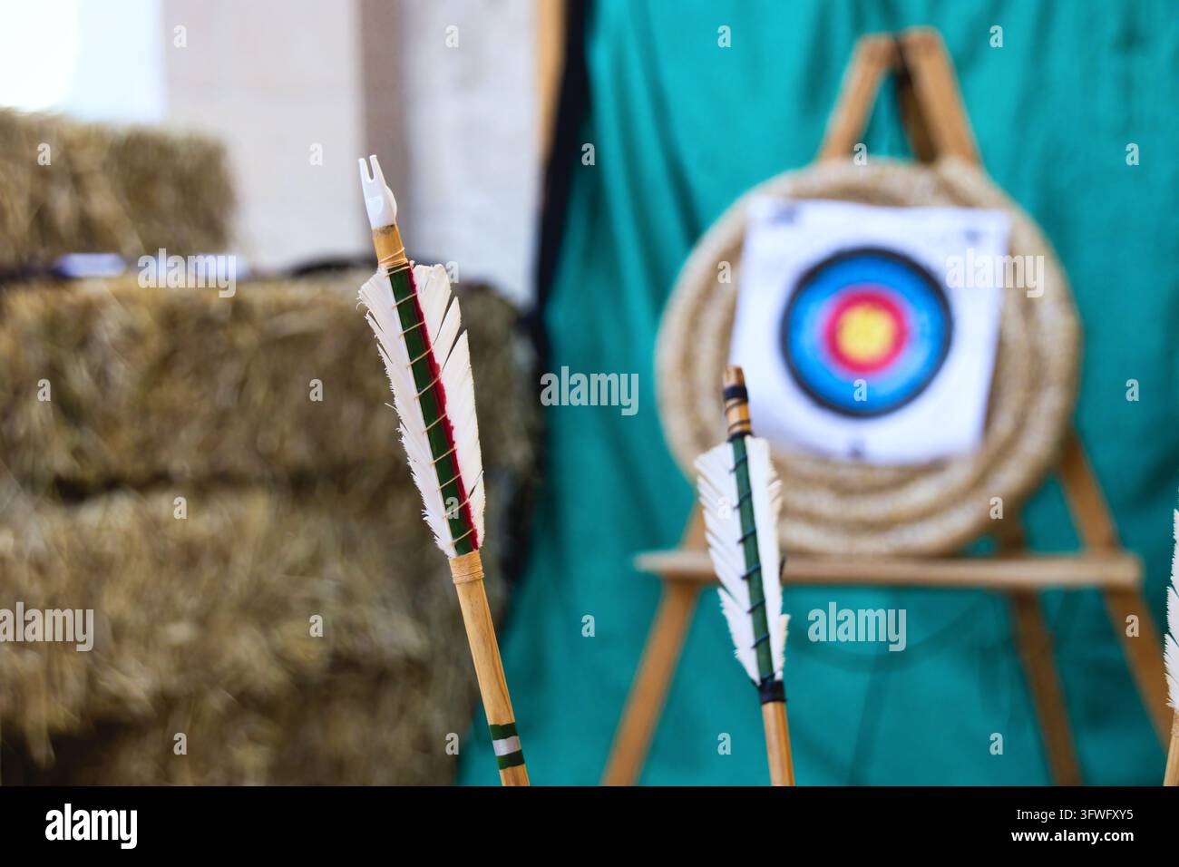 Un tripudio di frecce medievali tradizionali sullo sfondo sfocato di un bersaglio di tiro con l'arco, in un torneo di tiro o in una competizione Foto Stock