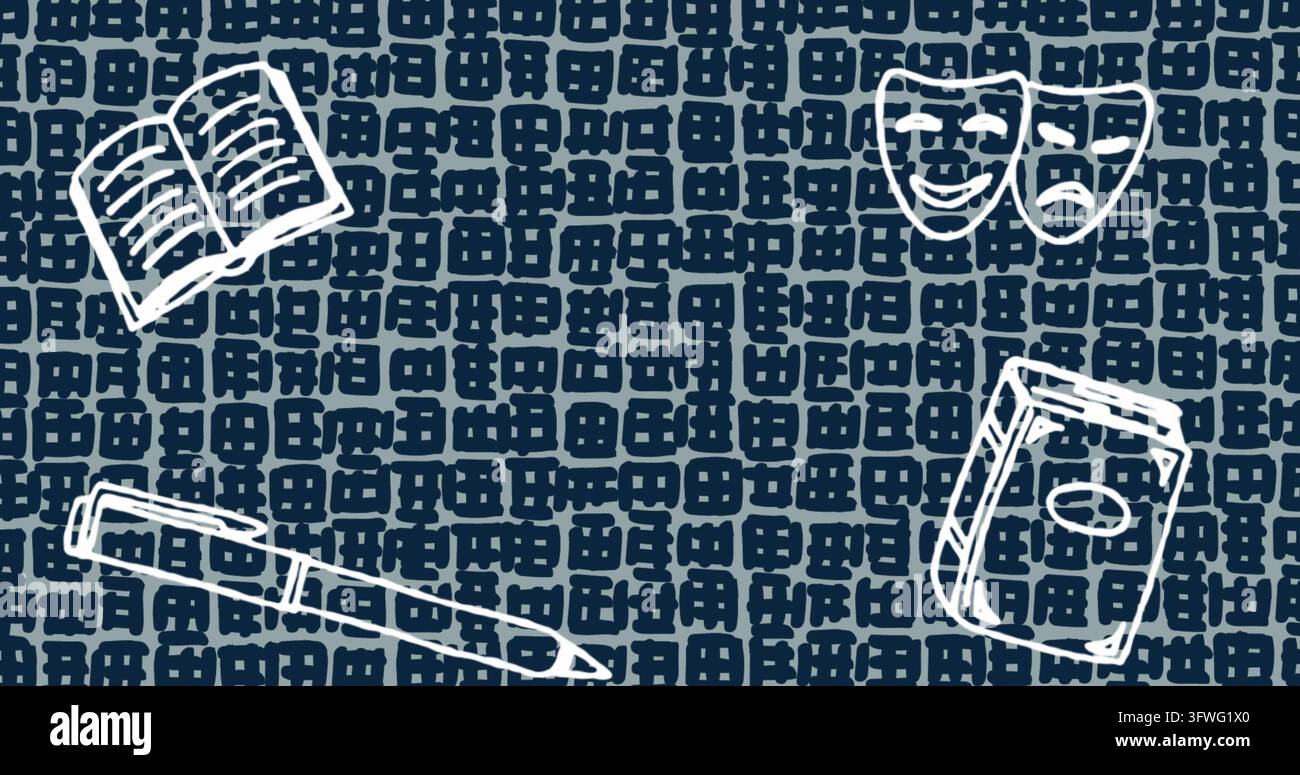 Con icone di doodle bianche che decorano uno sfondo blu navy, libro aperto, maschere, penna stilografica, libro chiuso. Teatro, letteratura, scrittura, lavoro lineare, duotono, t Foto Stock