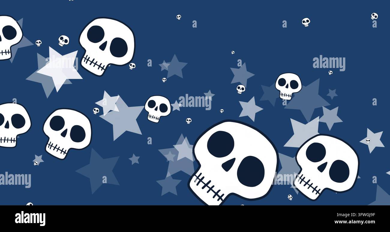 Mostra un grande teschio bianco posizionato direttamente su un campo blu navy con piccoli teschi e stelle a contorni neri, spazio per il testo Foto Stock