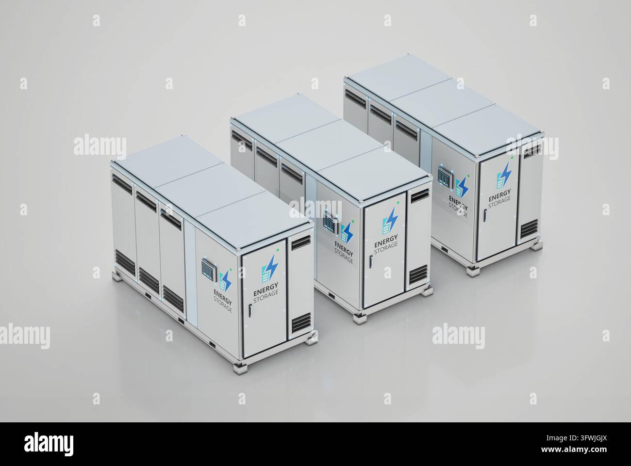 gruppo di rendering 3d di sistemi di immagazzinamento dell'energia o unità contenitore batteria isometriche Foto Stock