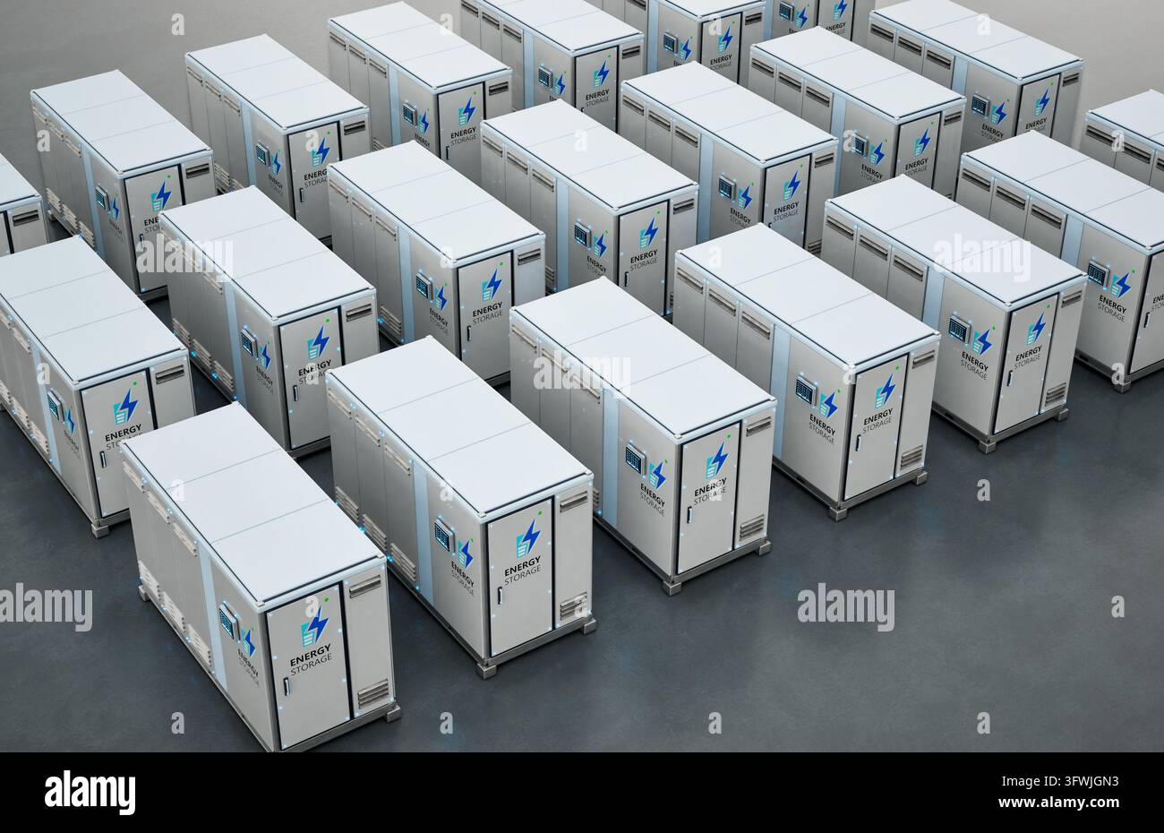 gruppo di rendering 3d di sistemi di immagazzinamento dell'energia o unità contenitore batteria isometriche Foto Stock