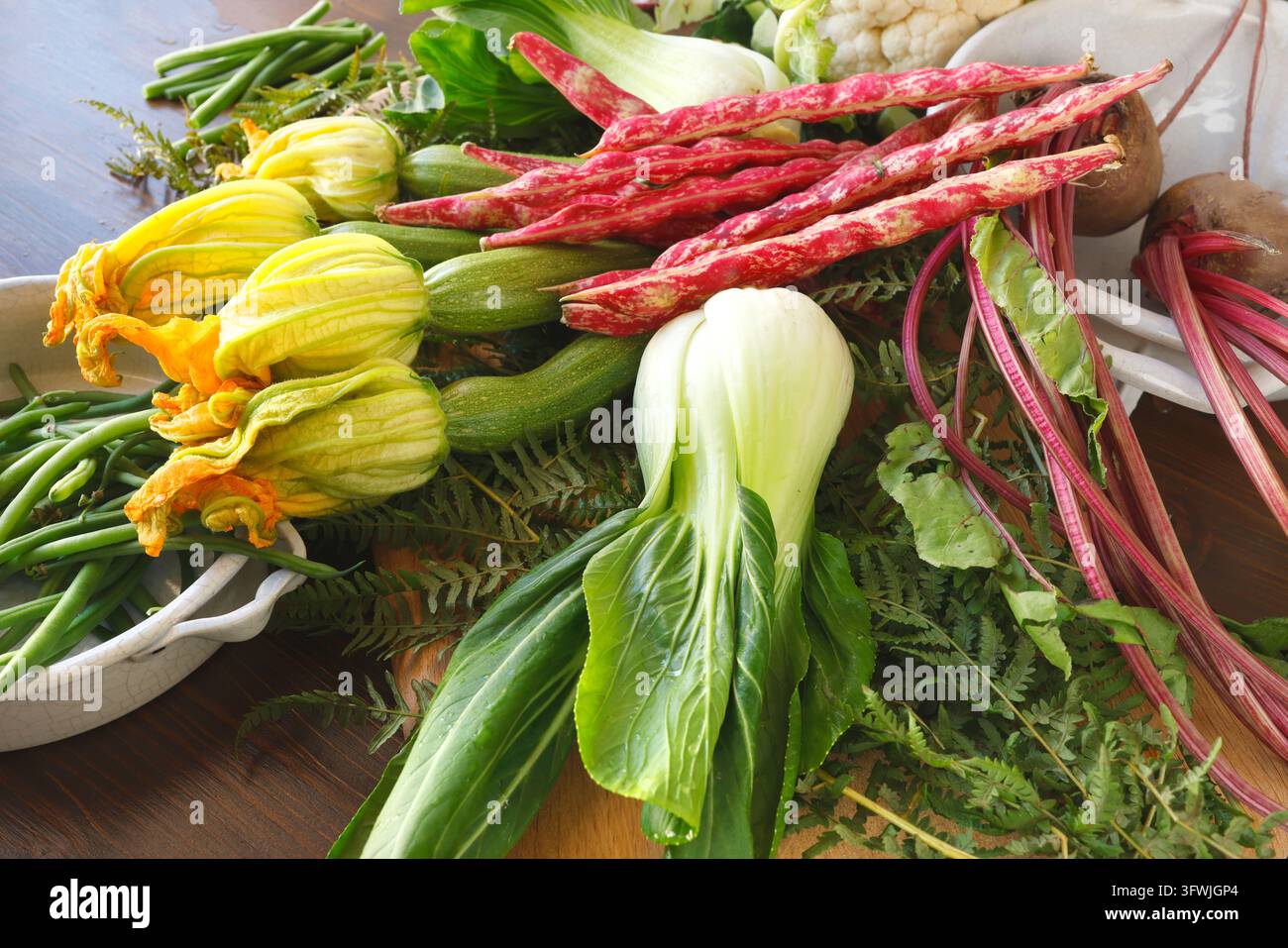 Fiori di zucchine freschi fagioli borlotti ingredienti gourmet crudi spazio per il testo. Concetto di gastronomia mediterranea stagionale a base vegetale alimentazione sana. Casa Foto Stock