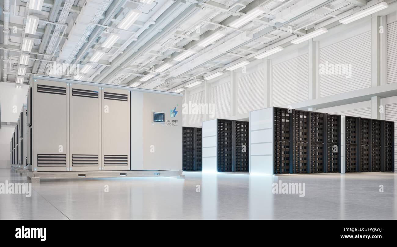 rendering 3d dei sistemi di immagazzinamento dell'energia o delle unità contenitore della batteria per data center Foto Stock