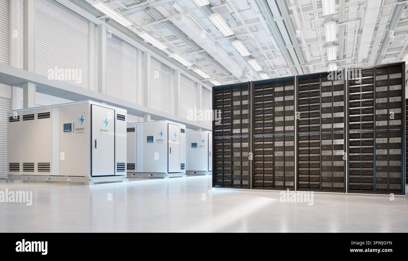 rendering 3d dei sistemi di immagazzinamento dell'energia o delle unità contenitore della batteria per data center Foto Stock