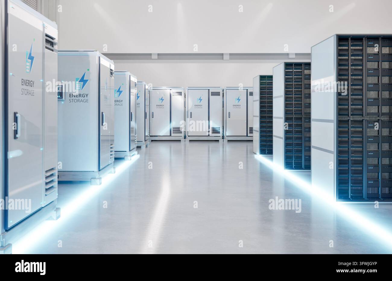 rendering 3d dei sistemi di immagazzinamento dell'energia o delle unità contenitore della batteria per data center Foto Stock
