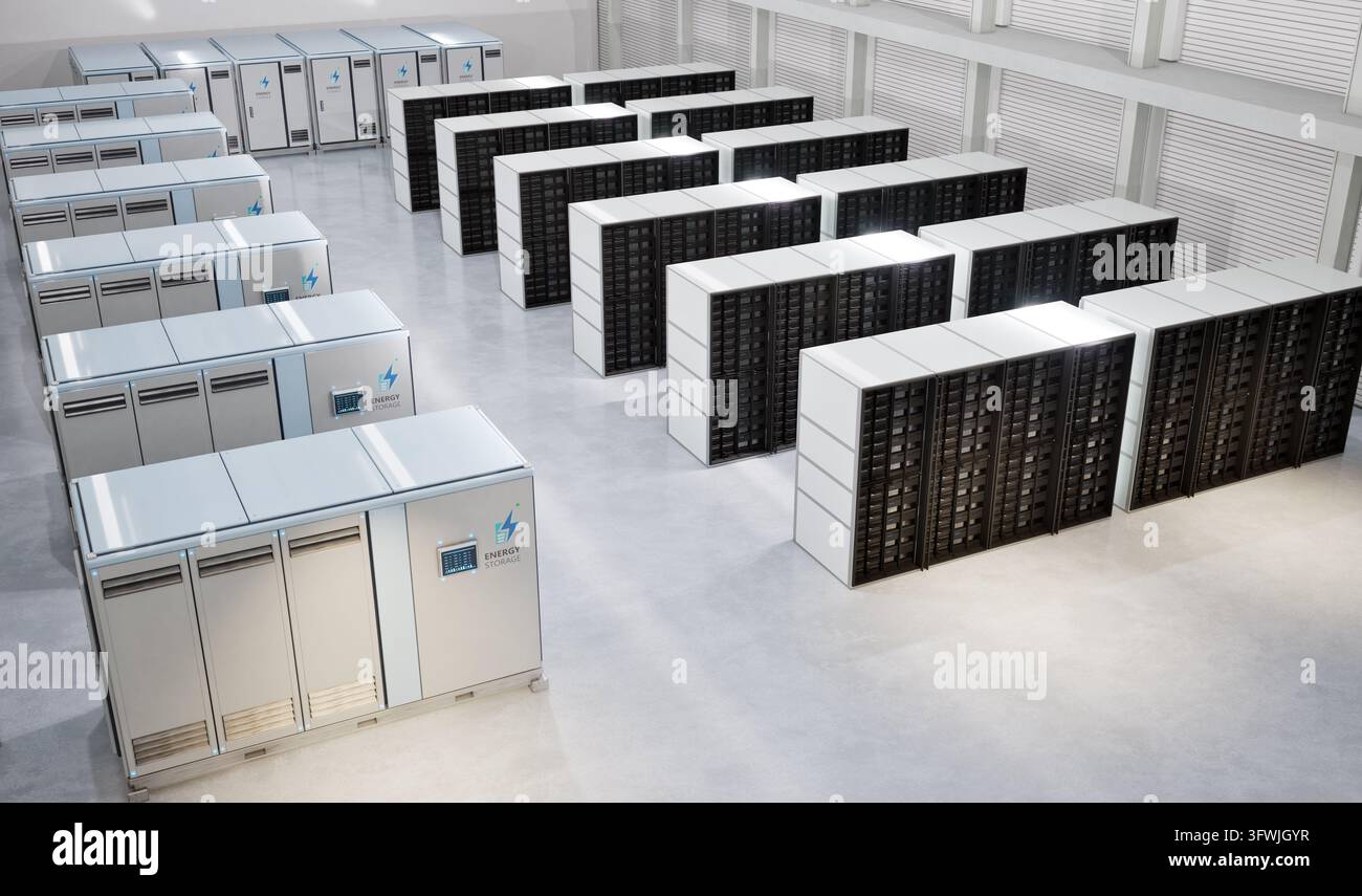 rendering 3d dei sistemi di immagazzinamento dell'energia o delle unità contenitore della batteria per data center Foto Stock