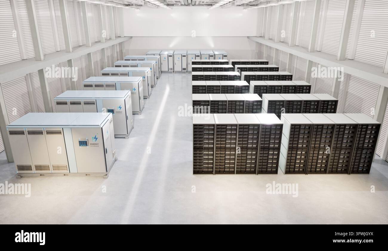 rendering 3d dei sistemi di immagazzinamento dell'energia o delle unità contenitore della batteria per data center Foto Stock