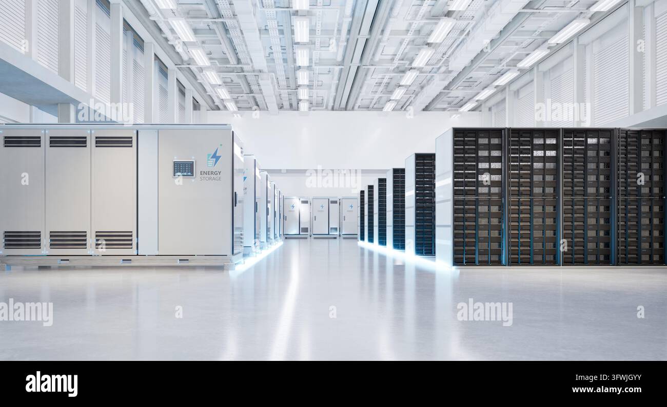 rendering 3d dei sistemi di immagazzinamento dell'energia o delle unità contenitore della batteria per data center Foto Stock