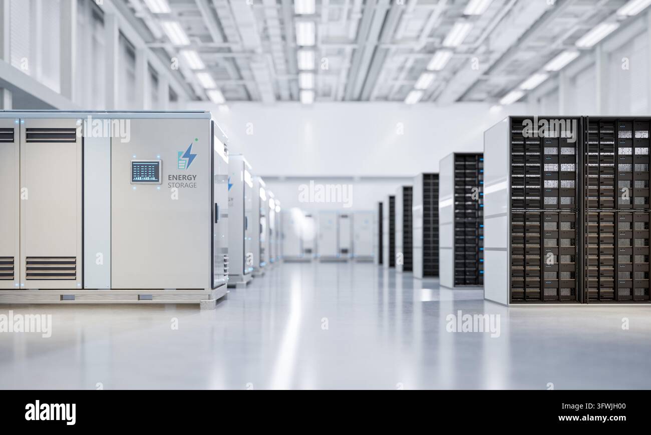 rendering 3d dei sistemi di immagazzinamento dell'energia o delle unità contenitore della batteria per data center Foto Stock