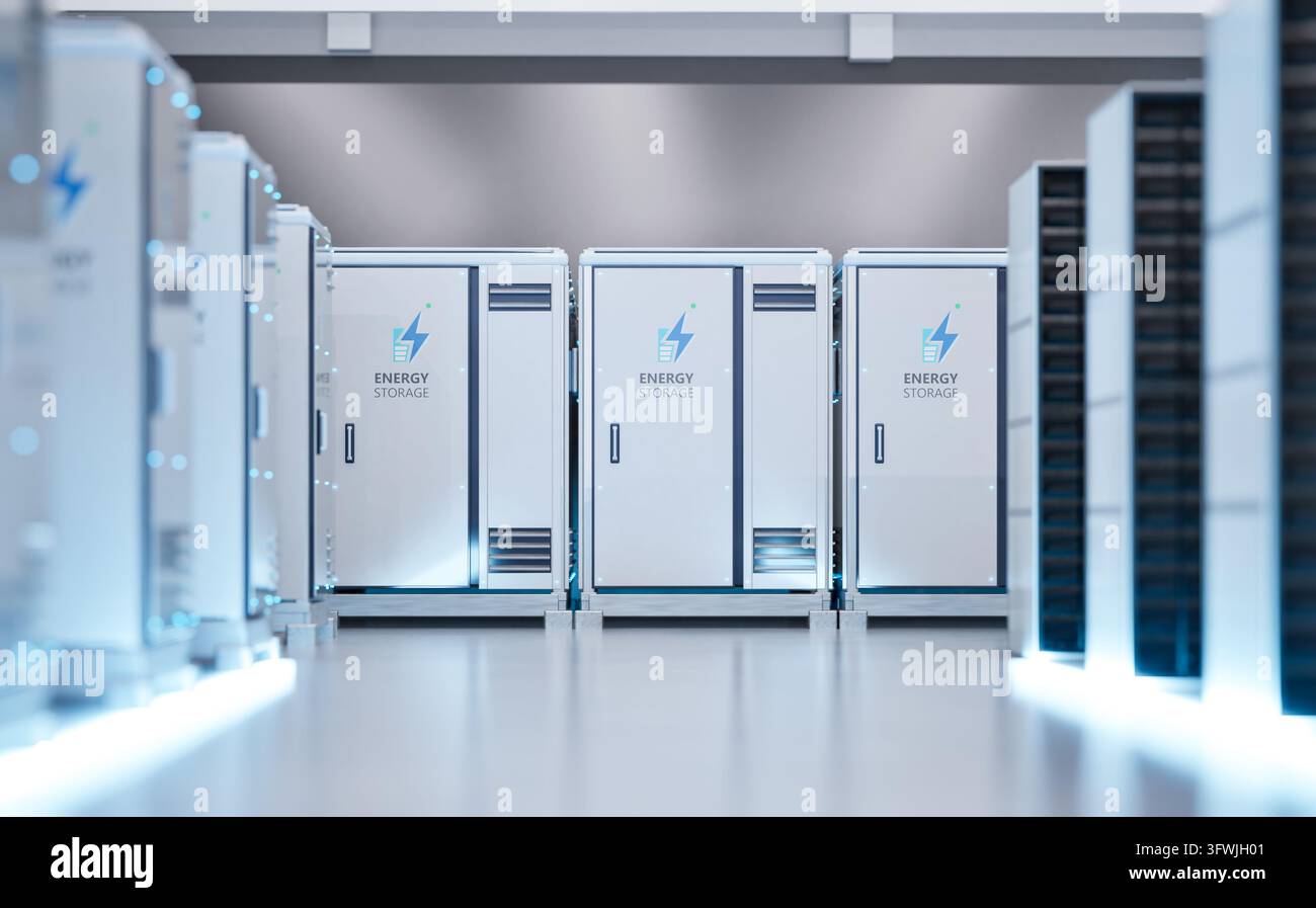 rendering 3d dei sistemi di immagazzinamento dell'energia o delle unità contenitore della batteria per data center Foto Stock