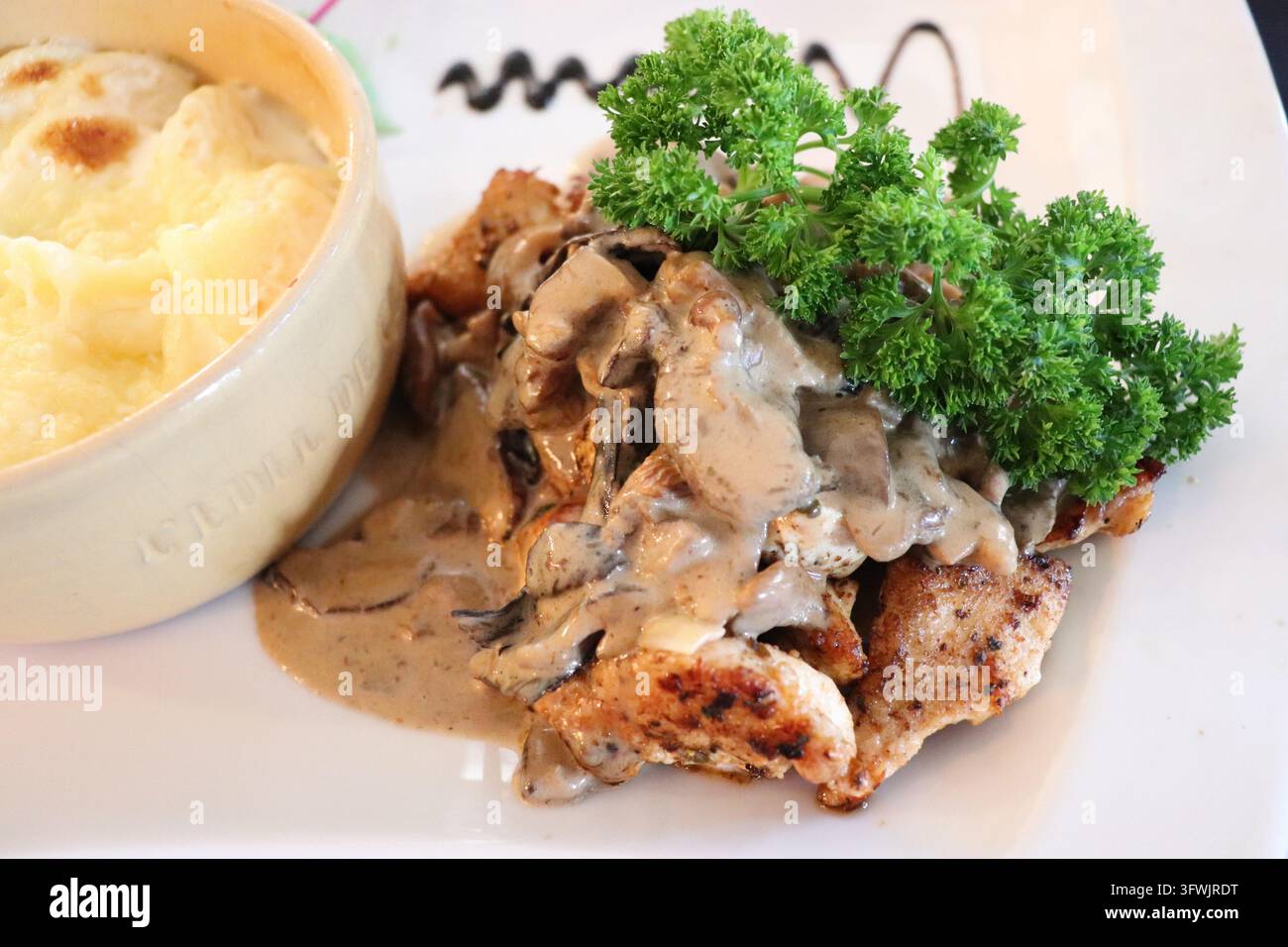Pollo con tartufo morchella, città di Montbéliard, dipartimento di Doubs, Francia Foto Stock