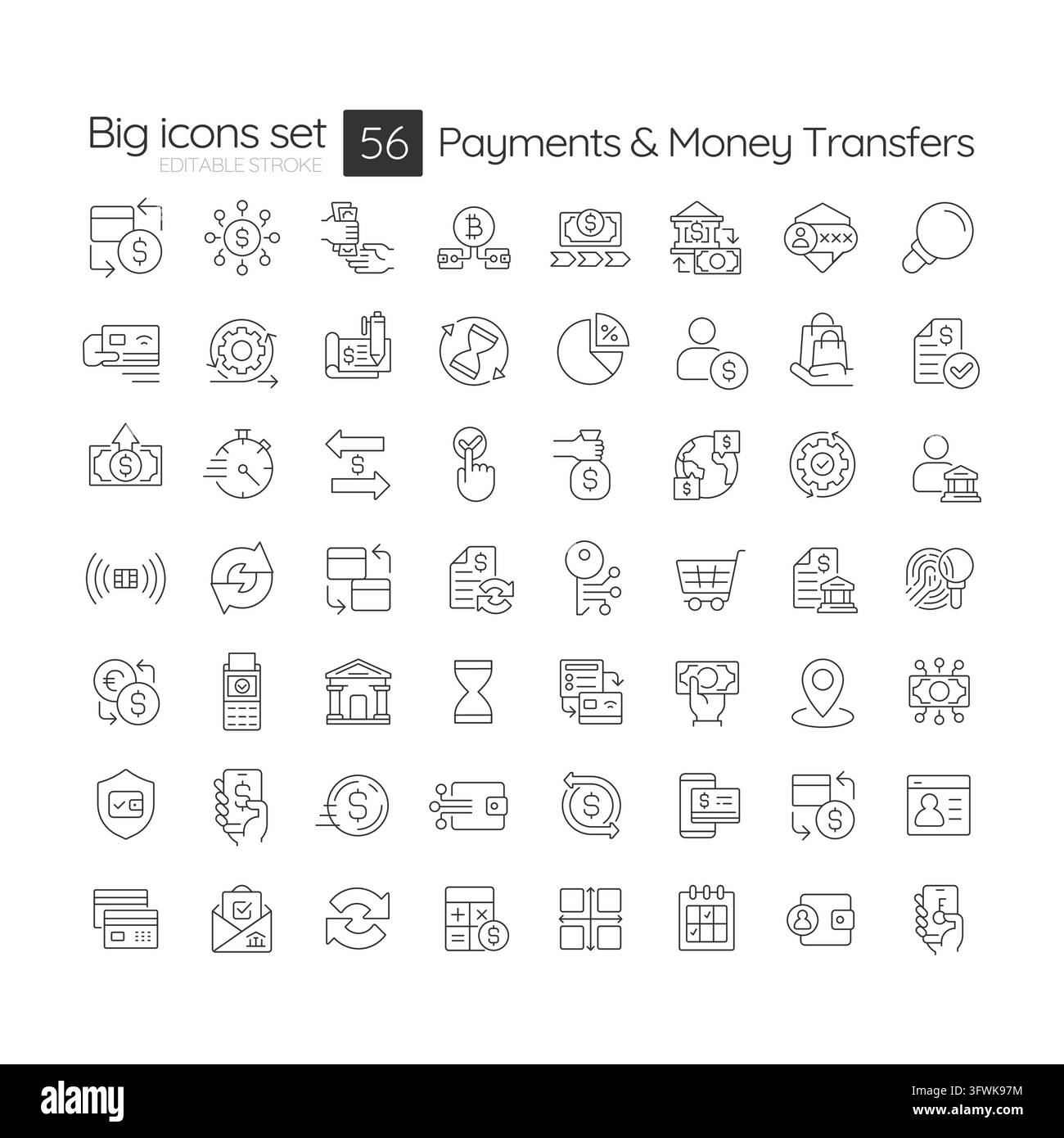 Set di icone lineari semplici per pagamenti e trasferimenti di denaro Illustrazione Vettoriale