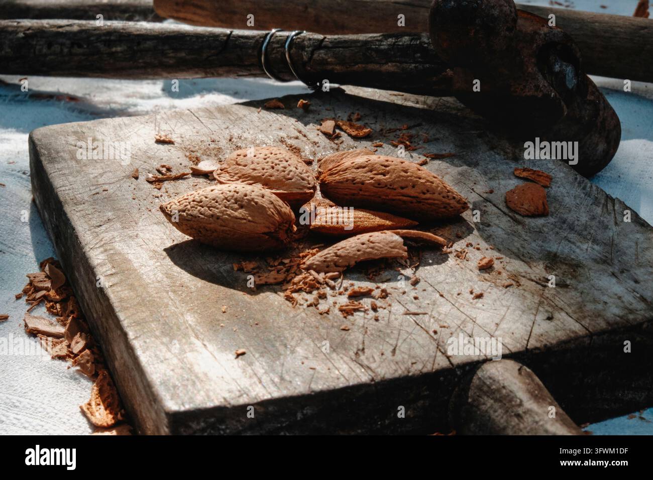Mandorle nel loro guscio duro, alcune incrinate, giacciono tra frammenti di guscio su un blocco di legno pesantemente graffiato, con un vecchio martello arrugginito appoggiato dietro Foto Stock