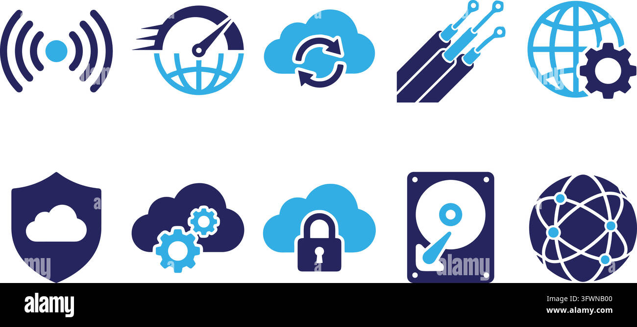 Set di tecnologia cloud di networking blu e blu navy per infrastruttura digitale e velocità. Illustrazione Vettoriale