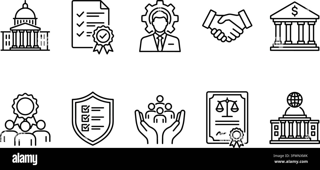 Icone lineari di elementi governativi e legali che rappresentano autorità, giustizia e gestione. Illustrazione Vettoriale