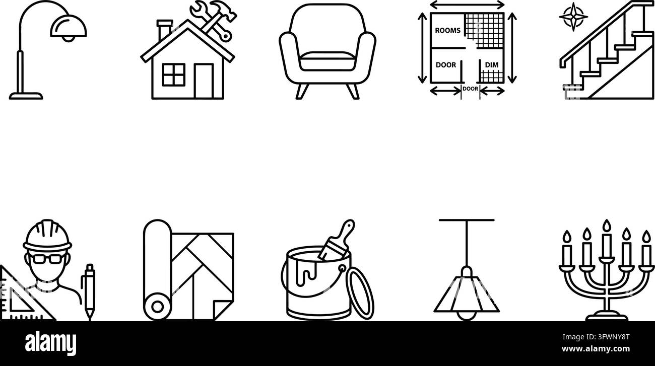 Icone lineari per la decorazione degli interni e la ristrutturazione con mobili e strumenti di costruzione. Illustrazione Vettoriale