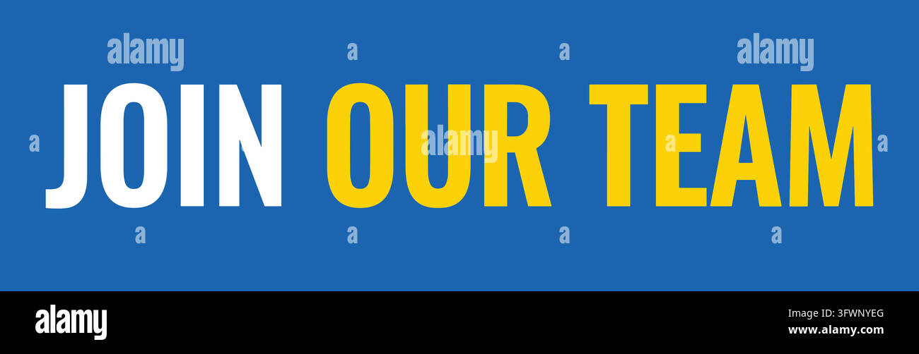 Segnale rettangolare blu con il testo JOIN OUR TEAM in bianco e giallo per il reclutamento. Illustrazione Vettoriale