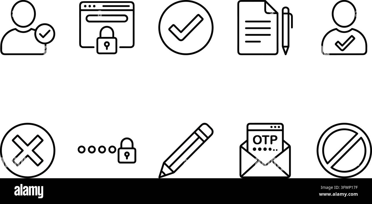 Set di icone di verifica dell'account e sicurezza su sfondo bianco per il design web. Illustrazione Vettoriale