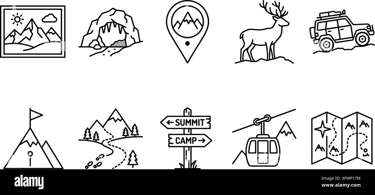 Set di icone lineari per escursioni in montagna e avventure all'aperto per guide di campeggio e trekking naturalistico. Illustrazione Vettoriale
