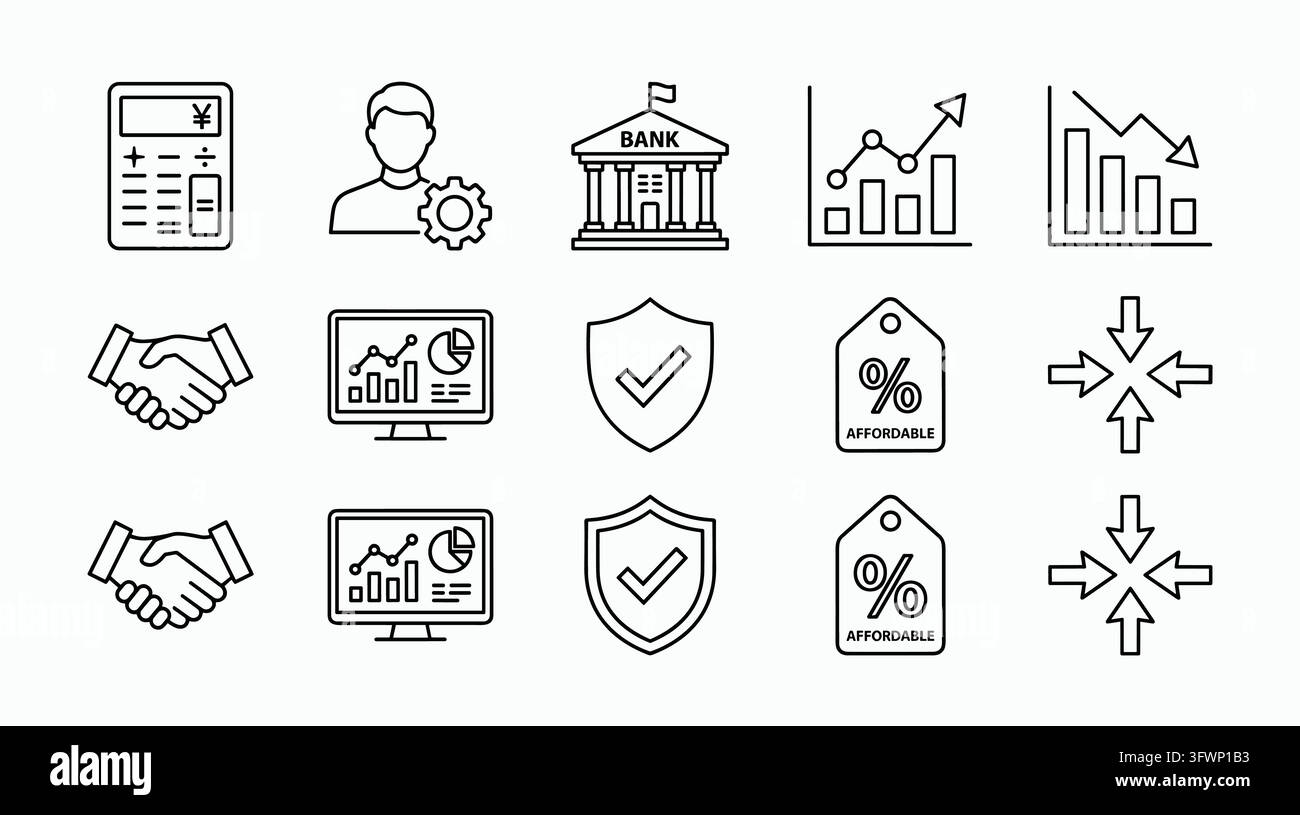 Set di icone di contorno per servizi bancari e finanziari, concetti di gestione aziendale e investimenti. Illustrazione Vettoriale