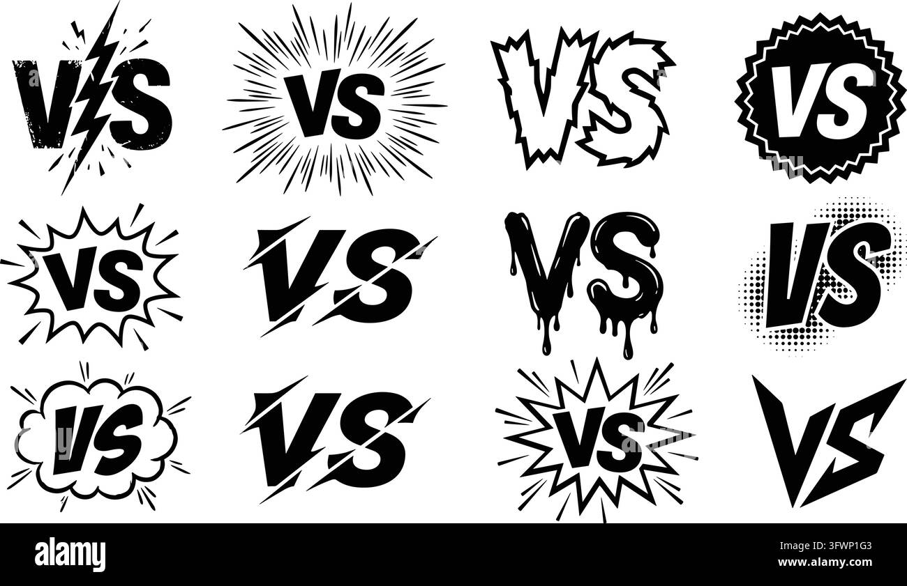 Collezione di dodici loghi testuali Versus stilizzati con diversi elementi grafici per scopi di design competitivo. Illustrazione Vettoriale