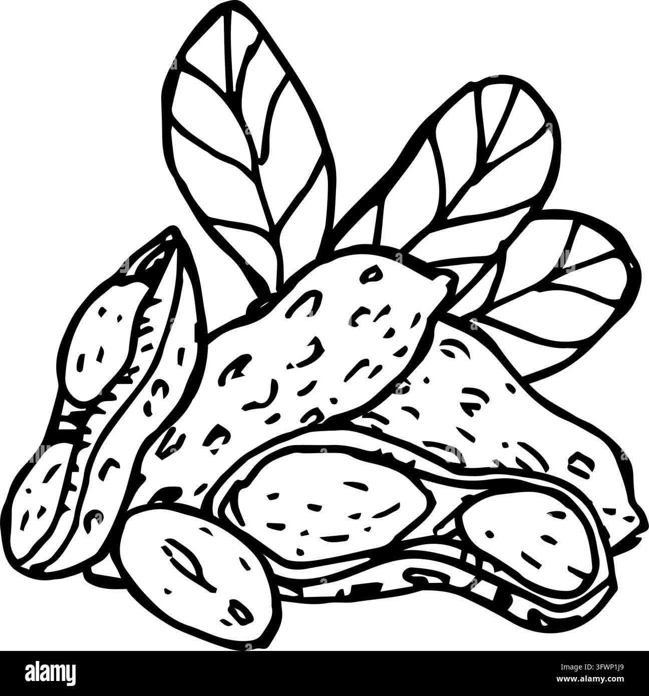 Composizione di arachidi in stile schizzo. Cumulo di arachidi con frutta e fiori. Illustrazione vettoriale disegnata a mano isolata. Illustrazione Vettoriale