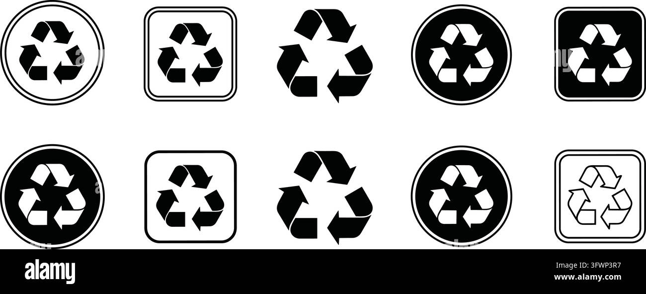 Set di icone del simbolo di riciclaggio contiene diverse varianti in bianco e nero di segni ecologici universali. Illustrazione Vettoriale