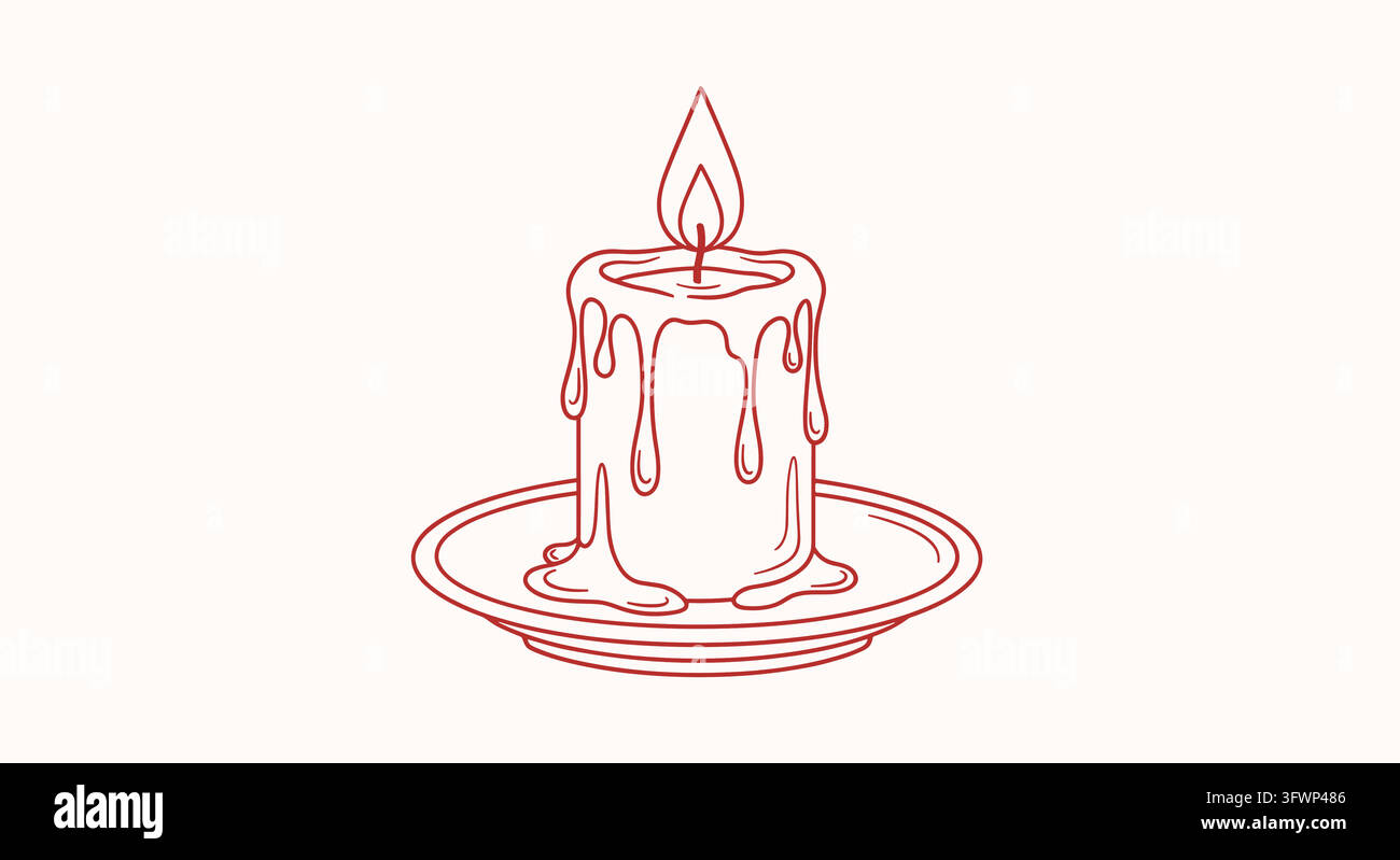 Illustrazione line art di candela che brucia su un piatto decorativo creando un'atmosfera accogliente e calda in stile vintage. Illustrazione Vettoriale