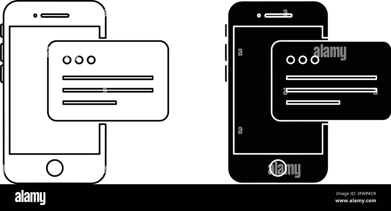Smartphone che visualizza un messaggio o un'icona di notifica con due stili, contorno e nero. Illustrazione Vettoriale