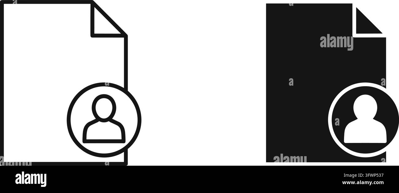 File di documento in bianco e nero con icona utente per dati personali o informazioni del profilo. Illustrazione Vettoriale